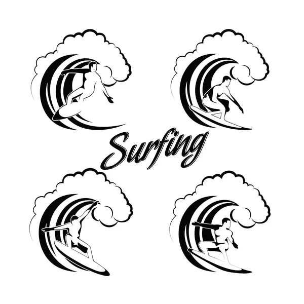 Surfista en un conjunto de ondas 4 siluetas — Vector de stock