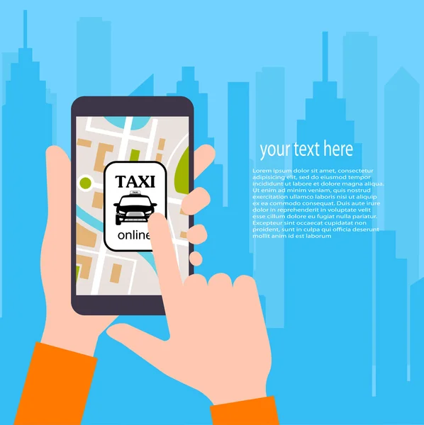 El smartphone con la aplicación de los servicios del taxi urbano en ekrane.vector la ilustración del concepto inteligente de los servicios el taxi en línea . — Vector de stock
