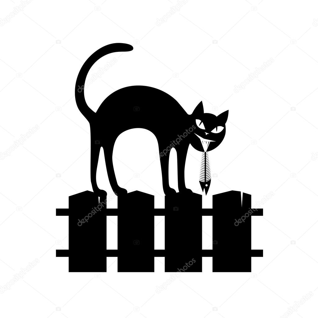 black silhouette of the sitting cat on a fence.