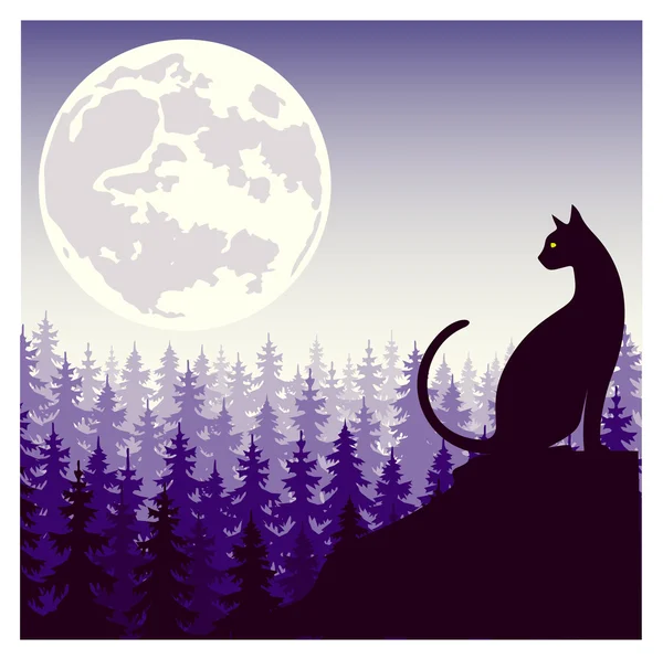 สีลูเอทลึกลับของแมวกับพื้นหลังของดวงจันทร์ — ภาพเวกเตอร์สต็อก