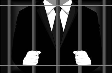 Parmaklıklar arkasında iş elbiseli bir adam vektör çizimi yapıyor. 