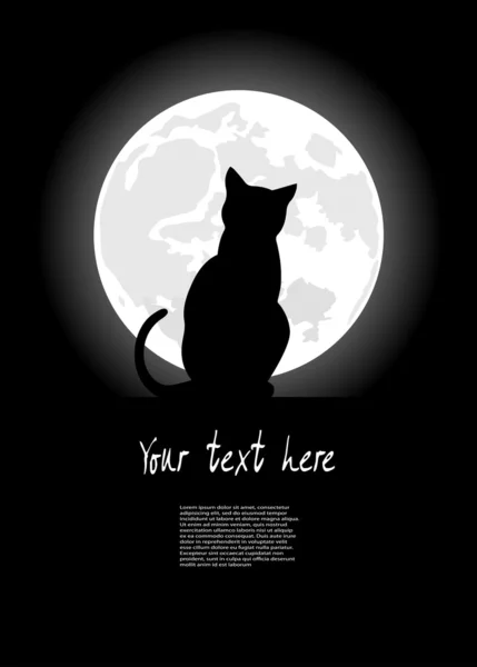 Gato negro sentado frente a la luna en la noche de Halloween — Vector de stock