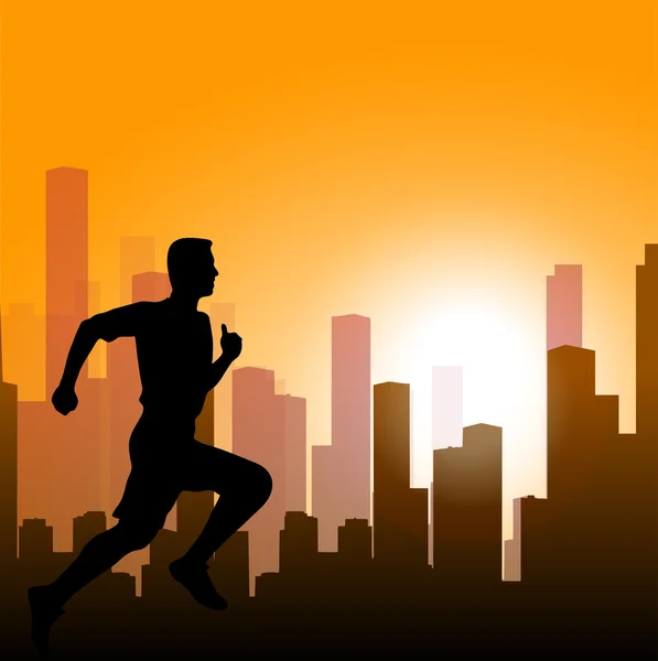 Corriendo contra la ciudad. silueta del velocista — Vector de stock