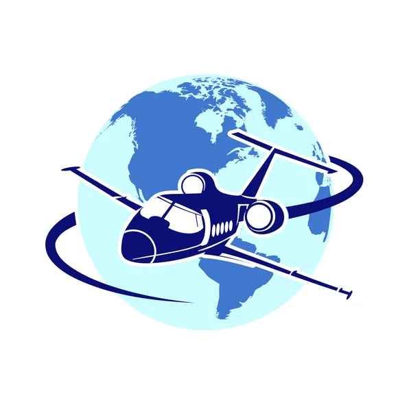 Avión en el fondo del planeta símbolo del transporte aéreo — Vector de stock