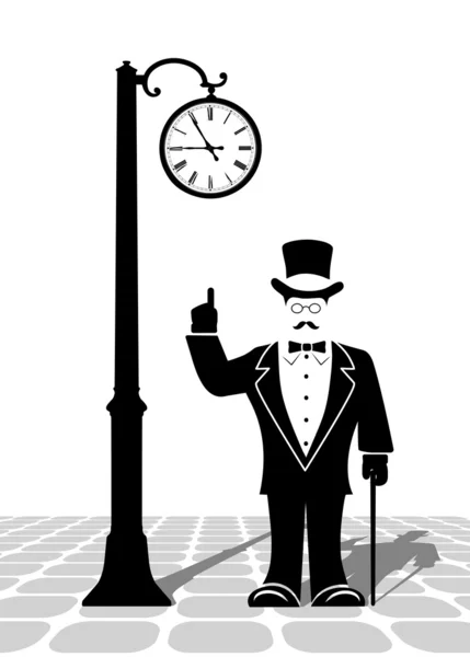 Gentiluomo sotto un vecchio orologio sulla strada della città — Vettoriale Stock