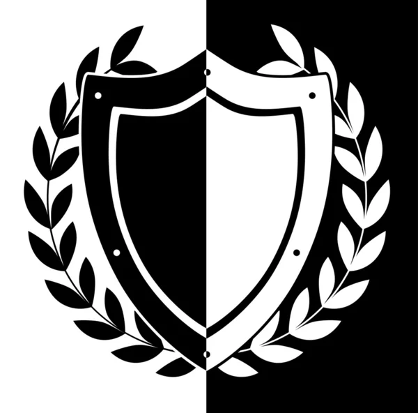 Escudo en la hoja de laurel monocromo — Vector de stock