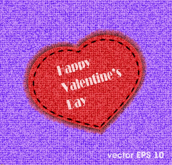 La tarjeta por el corazón del Día de San Valentín de la tela es cosida sobre el fondo de color — Vector de stock