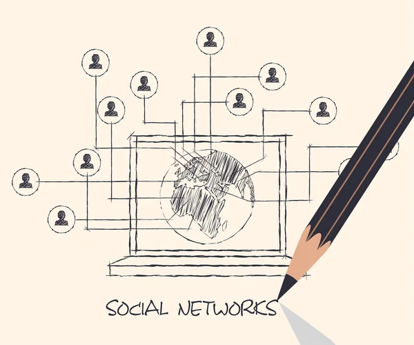 Disegno schema a matita dei social network comunicazione persone I — Vettoriale Stock