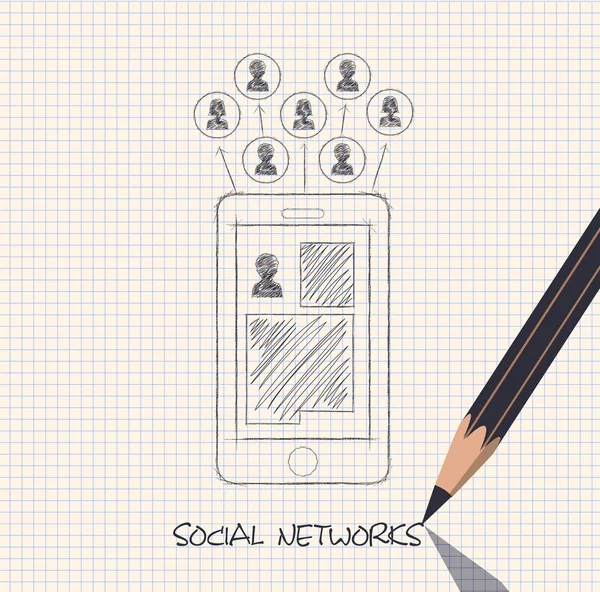 Disegno schema a matita dei social network comunicazione persone I — Vettoriale Stock