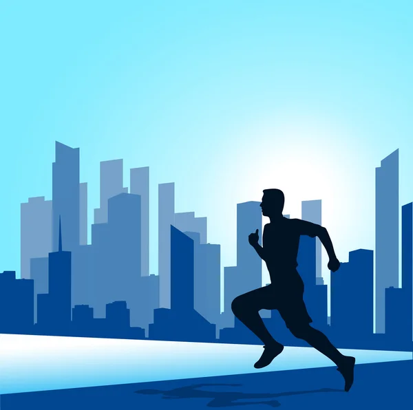 Běžící muž proti městu. silueta sprinter — Stockový vektor