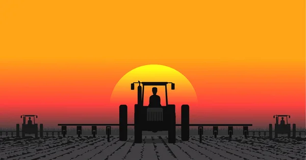 Tractor processes the earth a rural landscape — Stock Vector