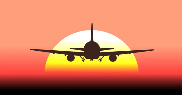 Silueta de un avión despegando en el fondo el sol — Vector de stock