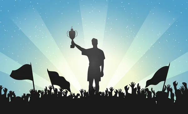 Champion with a trophy in crowd of people — Stock Vector