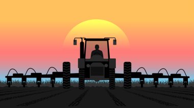Tractor processes the earth a rural landscape clipart