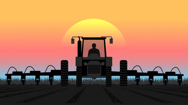 Traktor verarbeitet die Erde zu einer ländlichen Landschaft — Stockvektor