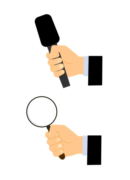 Microphone a magnifying glass magnifying in a hand on a white background — Stock Vector