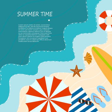 Okyanus plaj, düz stil, yaz tatili unsurları.