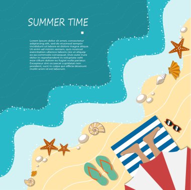 Yaz tatili bir plajda, düz stil