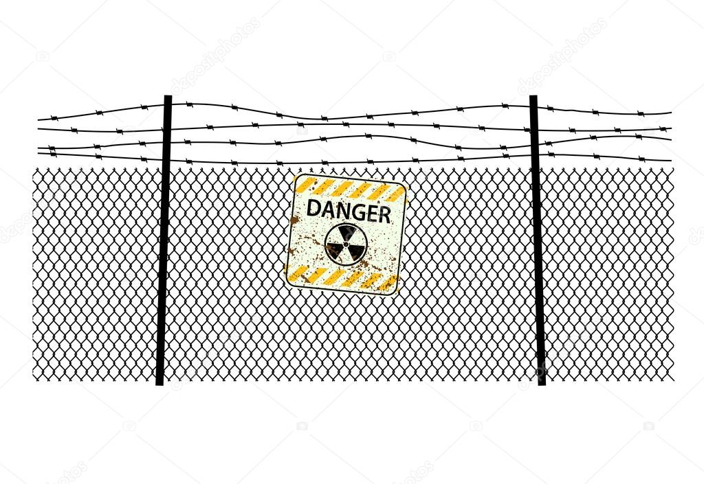 sign radiation on  steel fencing with a barbed wire