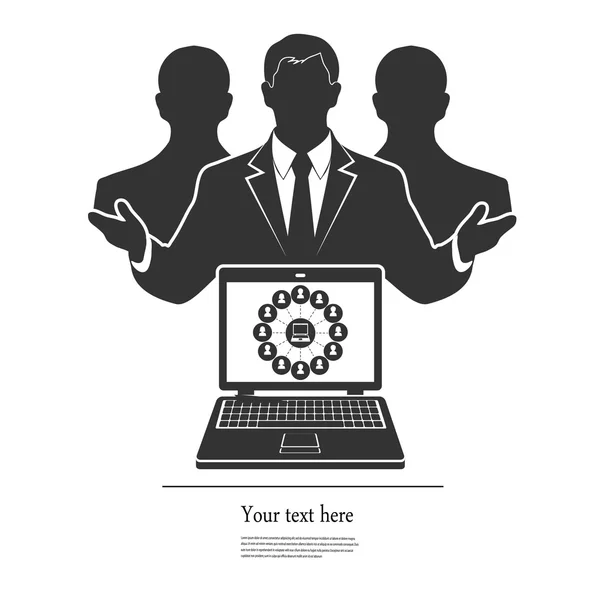 Иконная группа бизнесменов с компьютером символическая информация — стоковый вектор