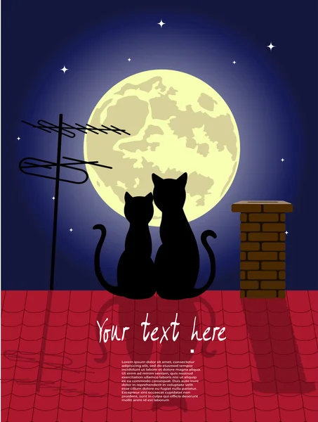 Gatos en un techo nocturno — Vector de stock