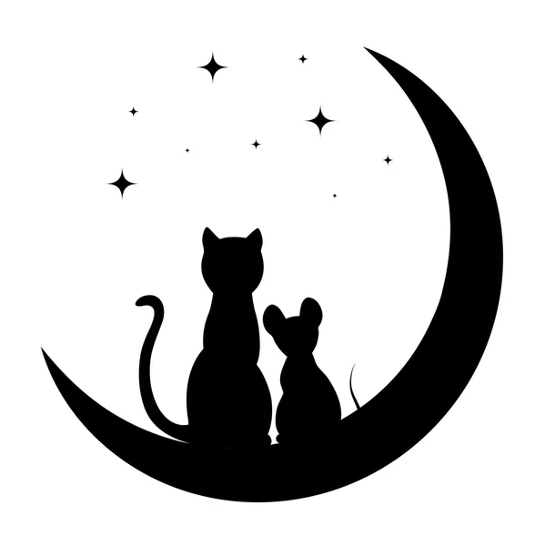 猫と月の上に座って少しのマウス — ストックベクタ