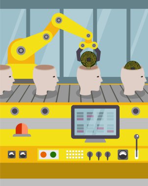robotlar, çip derleme ile insan kafası Meclisi robotized hatta. düz stil