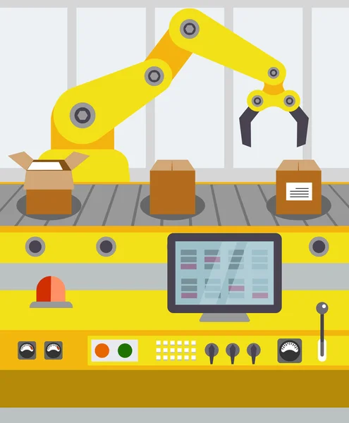 Linea di trasporto imballaggio di stile piatto di produzione — Vettoriale Stock
