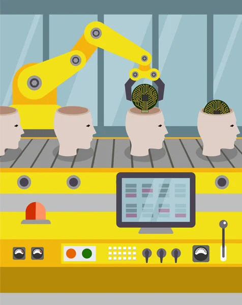 Linha robotizada na montagem de robôs, a cabeça humana com o chip de montagem. estilo plano —  Vetores de Stock