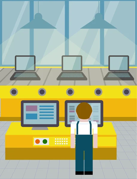 Línea de montaje de ordenadores. estilo plano — Archivo Imágenes Vectoriales