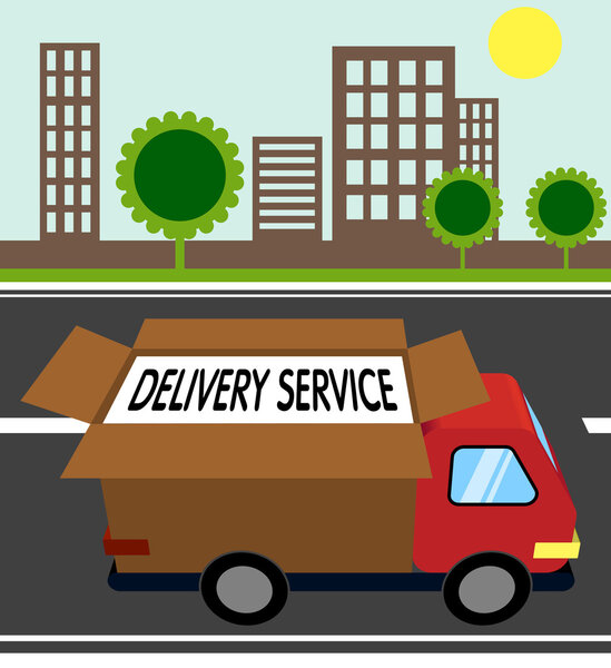 Служба доставки автомобилей. городской пейзаж. Плоский стиль
