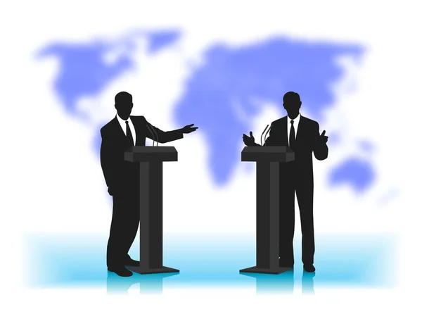 debate people at a microphone on not a sharp background