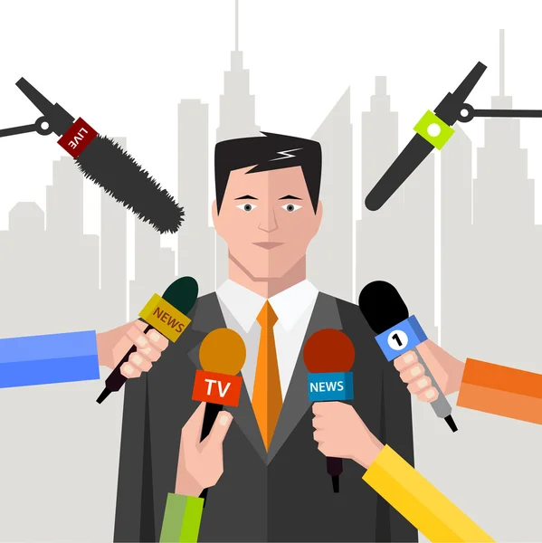 Entrevistar a político antes de un micrófono. estilo plano — Vector de stock