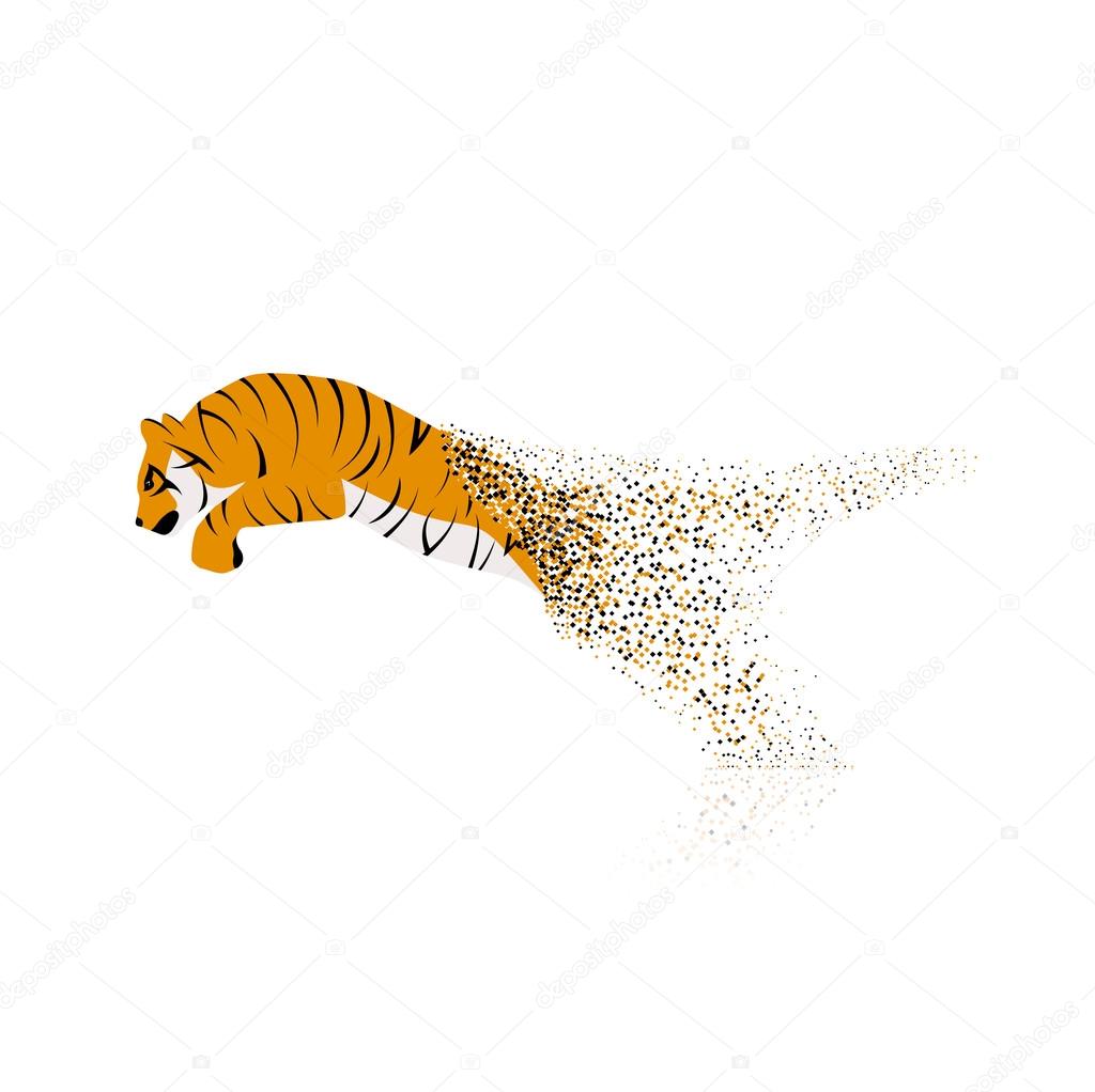 On the image  is presented tiger leaping from the disintegrated pieces