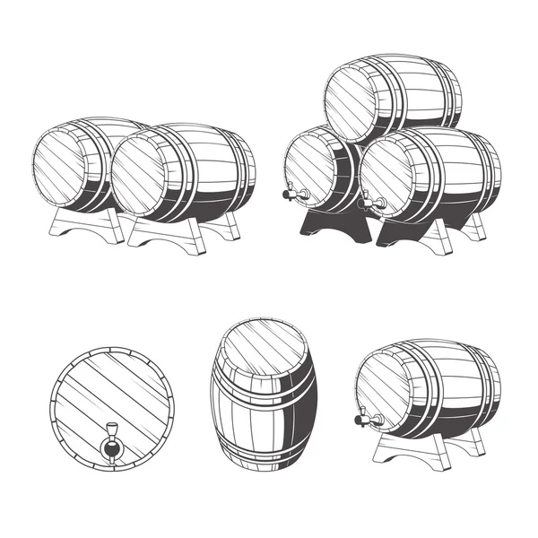 Wooden barrels for storage of drinks. Old winery, storage of a hard liquor. — Wektor stockowy