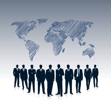 Bir grup takım elbiseli iş adamı planın arka planına karşı çıkıyor.