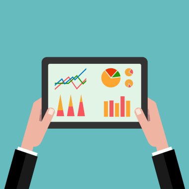 Elinde tablet. ekonomik programları. düz stil.