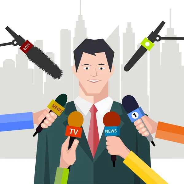 Interview  politician before a microphone. flat style — Stock Vector