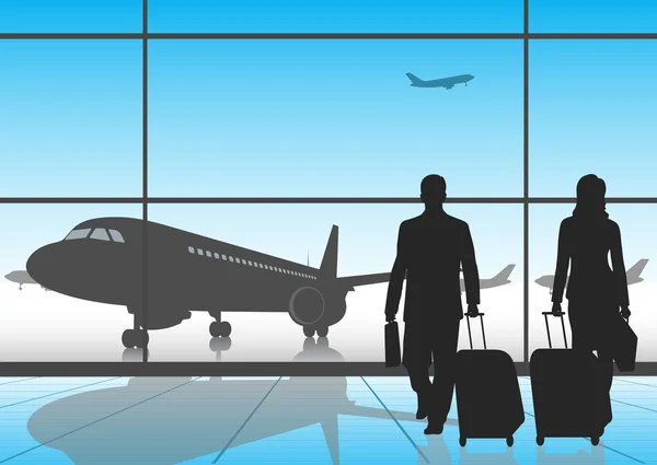 Silhouette personnes dans un aéroport — Image vectorielle