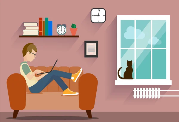Pessoa no computador em uma situação de casa uma ilustração —  Vetores de Stock