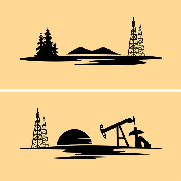 Ikoner silhuetter av olja och gas oljeriggar i den naturliga miljön — Stock vektor