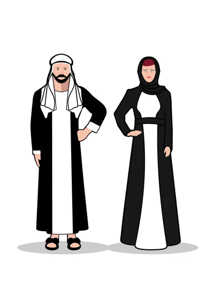 Emiraty mężczyzna i kobieta. W tradycyjnych strojach arabskich na białym tle. — Wektor stockowy