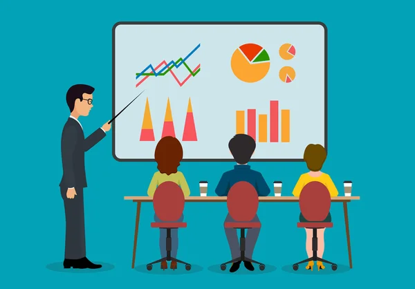 Um grupo de pessoas no escritório. Seminário Econômico. Falando para o público de estilo plano . —  Vetores de Stock