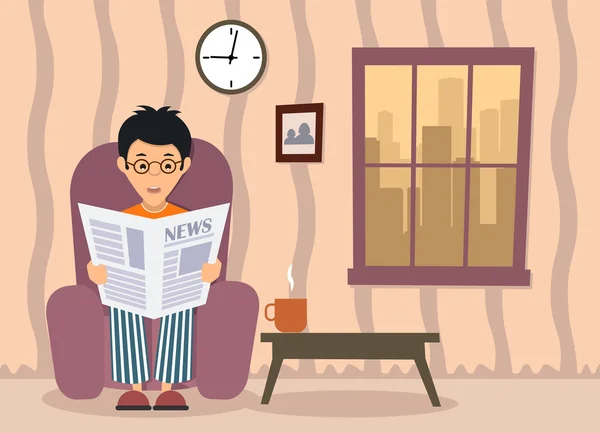 Hombre leyendo el periódico en casa — Vector de stock