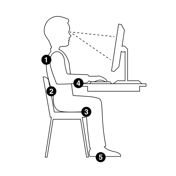 Infographics korrekt hållning vid datorn silhuetten av en man — Stock vektor