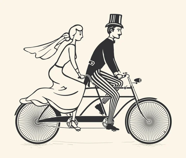 Novia y novio montando una bicicleta tándem vintage — Vector de stock