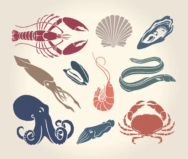 Vintage illustration of crustaceans, seashells and cephalopods — Stock Vector