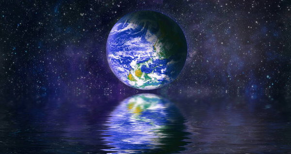Earth beautiful unusual space planet in space reflected in water. galaxy stars night sky ,Elements of this Image Furnished by NASA ,