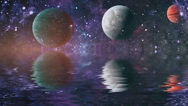 Ruimte Planeet Ruimte Weerspiegeld Water Sterrenstelsel Sterren Nachtelijke Hemel Elementen — Stockfoto