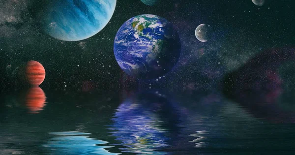 우주의 아름다운 행성이 반사되었습니다 우주를 내려다 우리의 아름다운 은하계의 밤하늘 — 스톡 사진